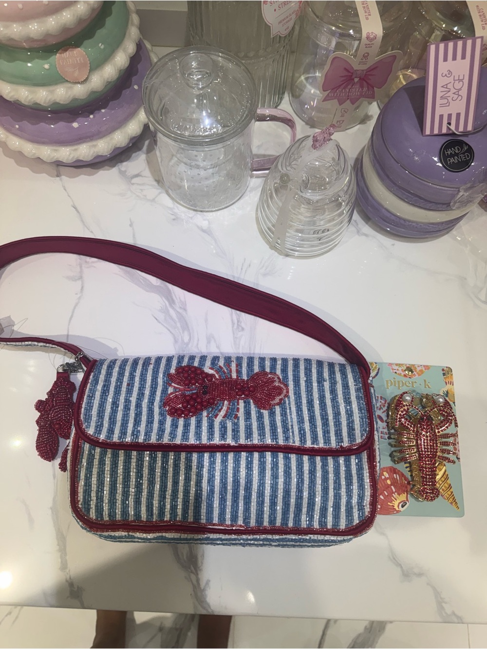 Piper Blue and White Striped Crossbody with Red Lobster Applique